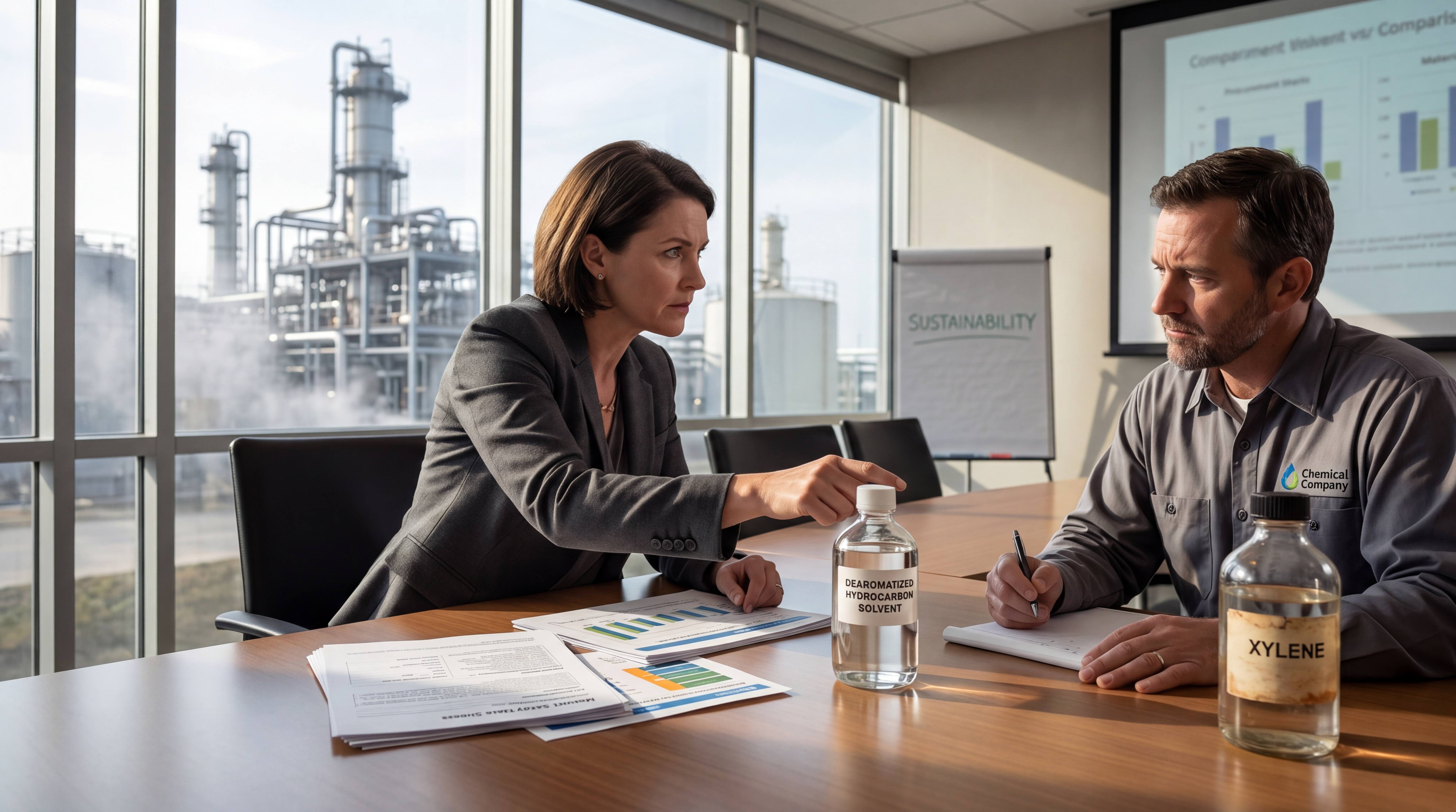 Management discussion comparing a dearomatized hydrocarbon solvent option with xylene in a strategic replacement decision